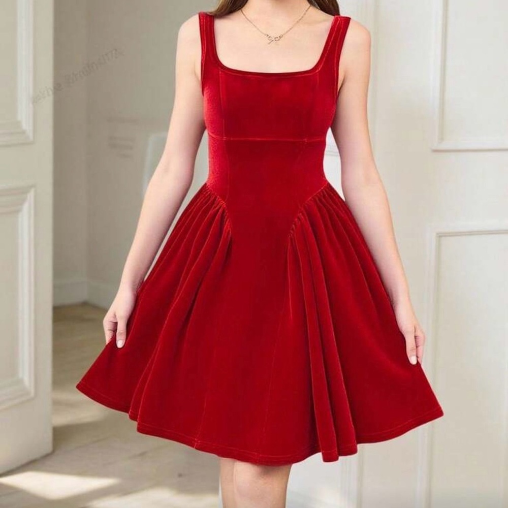 Girls Red Velvet Square Neck Fit & Flare Dress with Back Bow! NEW